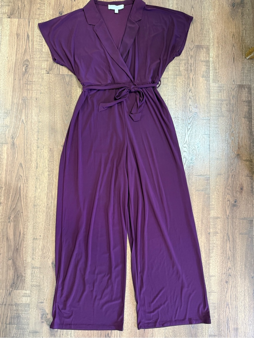 SUPERLOXX Purple Solid Wrap V-Neck Cap Sleeve Wide-Leg Jumpsuit Tie M